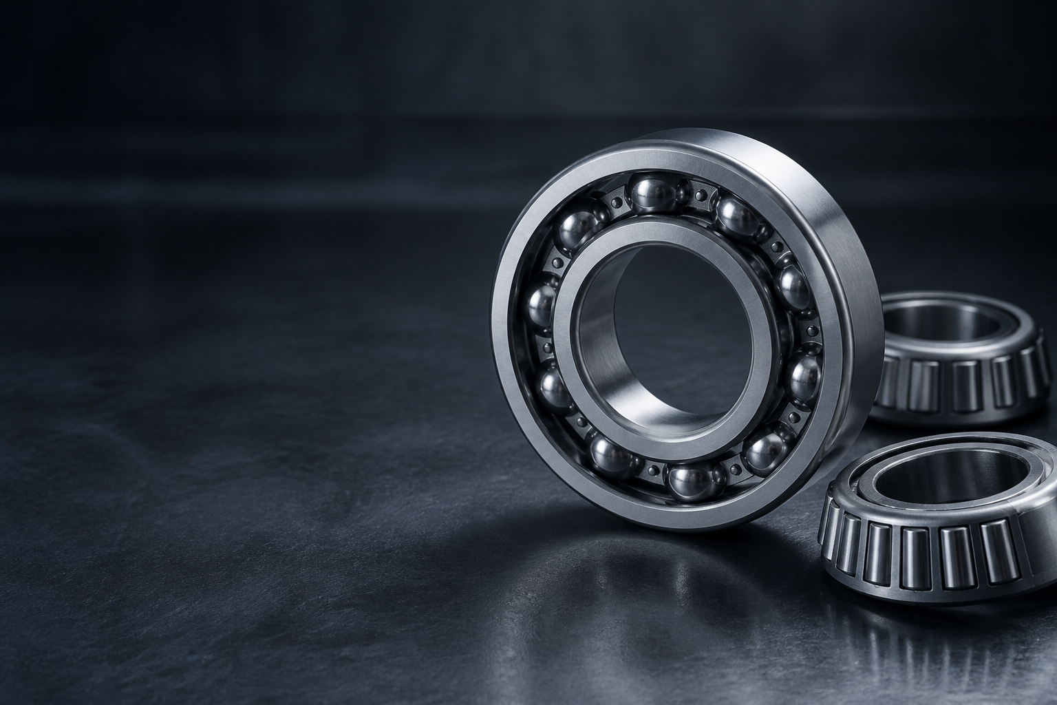 Precision ball and tapered roller bearings on a graphite surface