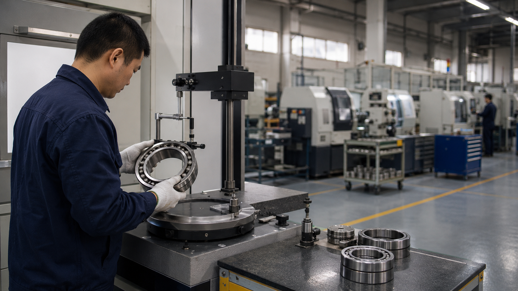 Quality engineer inspecting bearing rings in a precision manufacturing facility